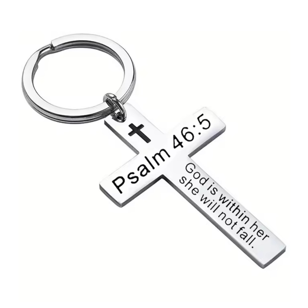 Silver Cross Keychain with Psalm 46:5 Christian gift